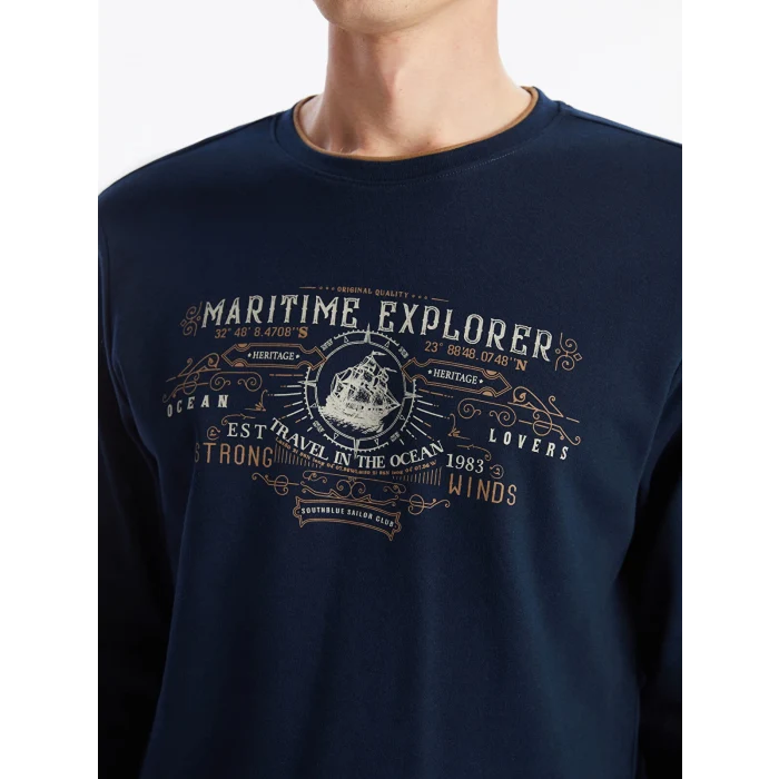 LCWAIKIKI Classic Lacivert Bisiklet Yaka Uzun Kollu Baskılı Erkek Sweatshirt