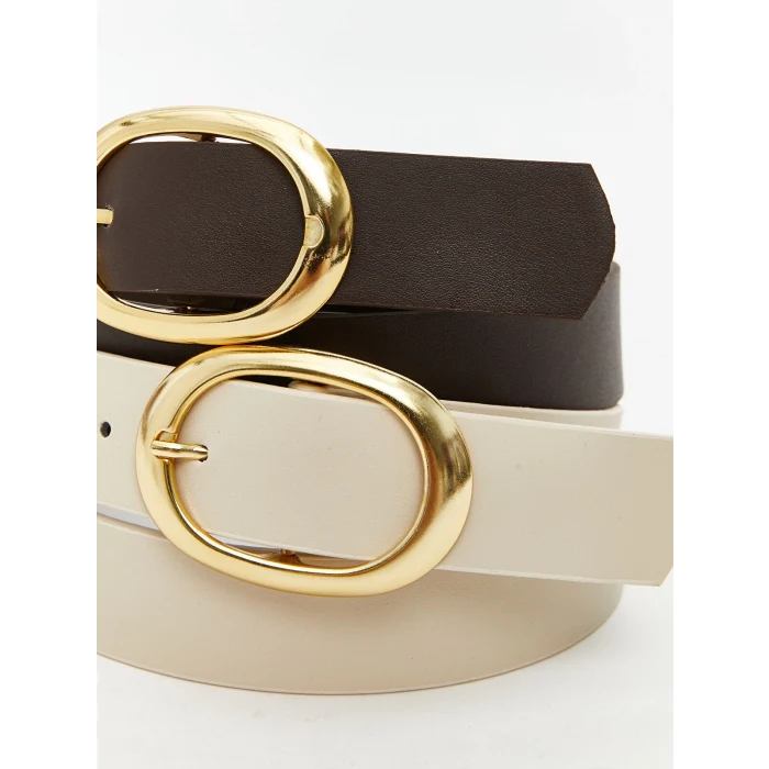 LCW ACCESSORIES Ekru Deri Görünümlü Kadın Kemer 2li