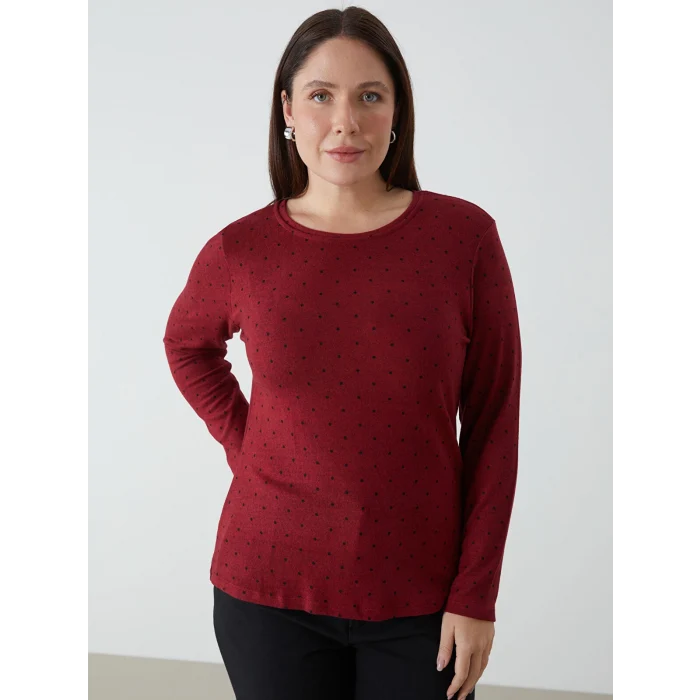 LCWAIKIKI Classic Bordo Bisiklet Yaka Puantiyeli Kadın Tişört