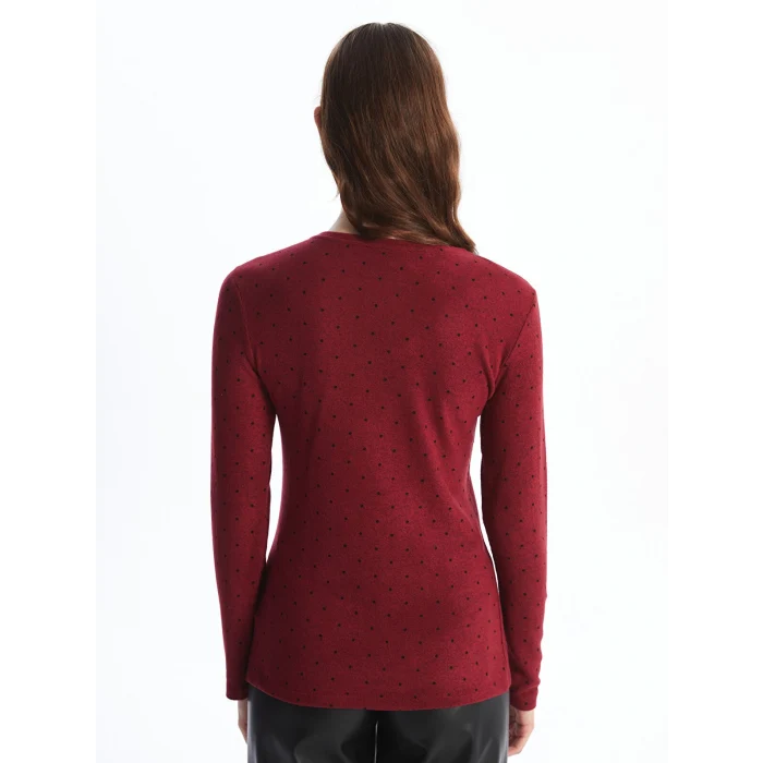 LCWAIKIKI Classic Bordo Bisiklet Yaka Puantiyeli Kadın Tişört