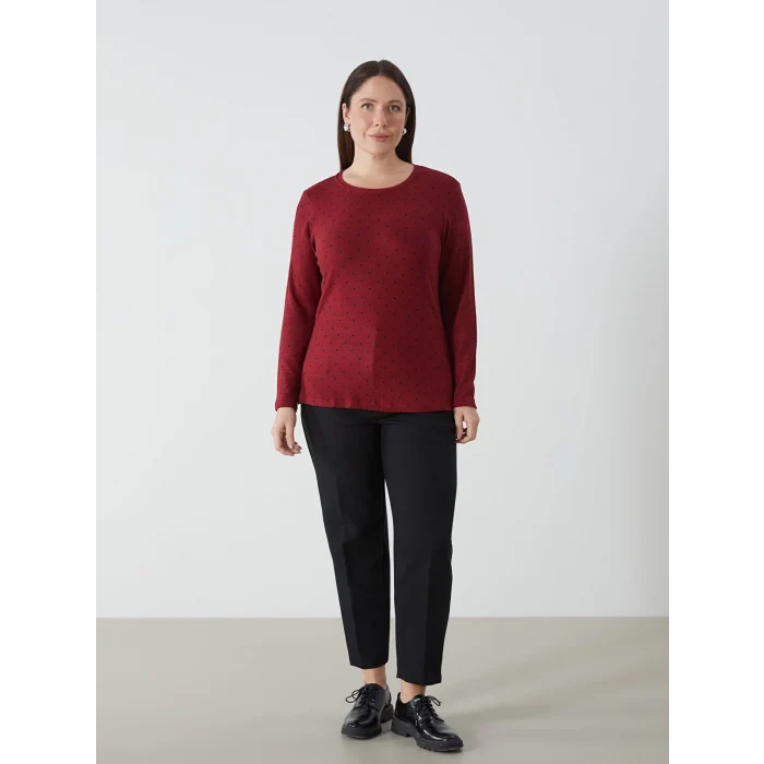 LCWAIKIKI Classic Bordo Bisiklet Yaka Puantiyeli Kadın Tişört