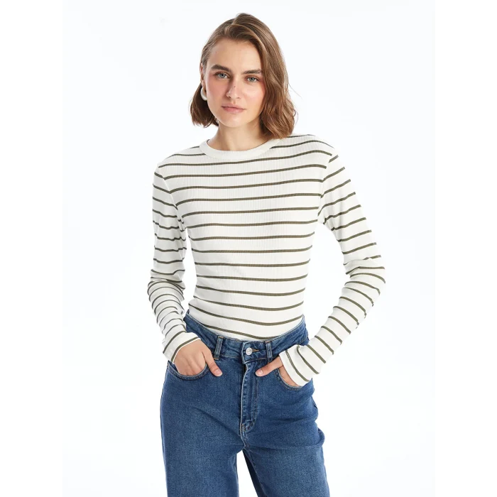 LCWAIKIKI Basic Yeşil Bisiklet Yaka Çizgili Kadın Body