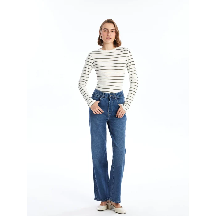 LCWAIKIKI Basic Yeşil Bisiklet Yaka Çizgili Kadın Body