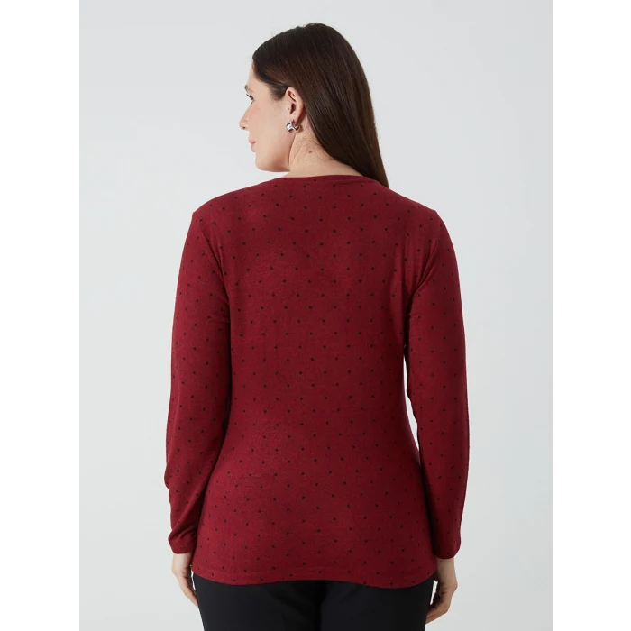 LCWAIKIKI Classic Bordo Bisiklet Yaka Puantiyeli Kadın Tişört