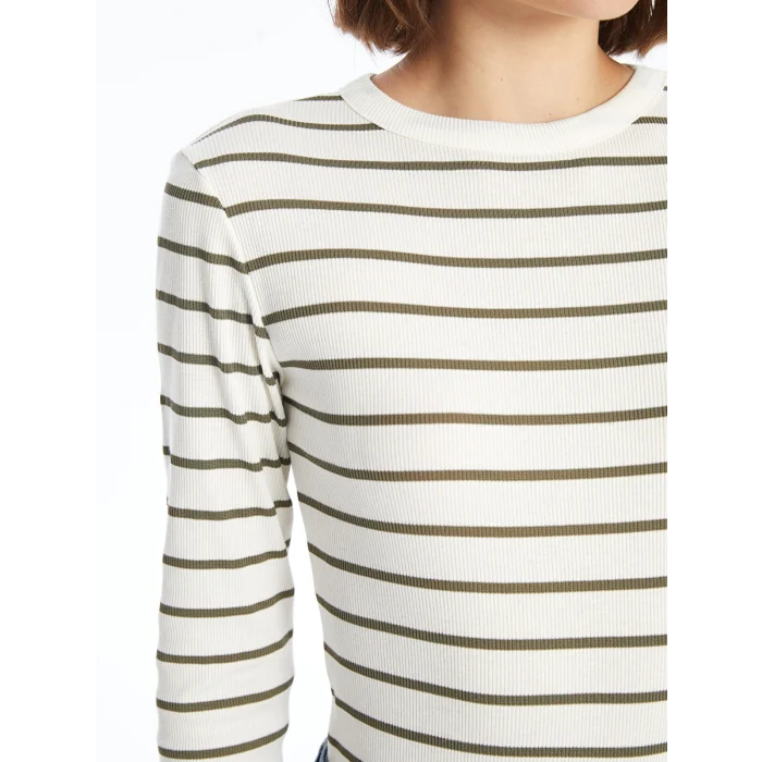 LCWAIKIKI Basic Yeşil Bisiklet Yaka Çizgili Kadın Body