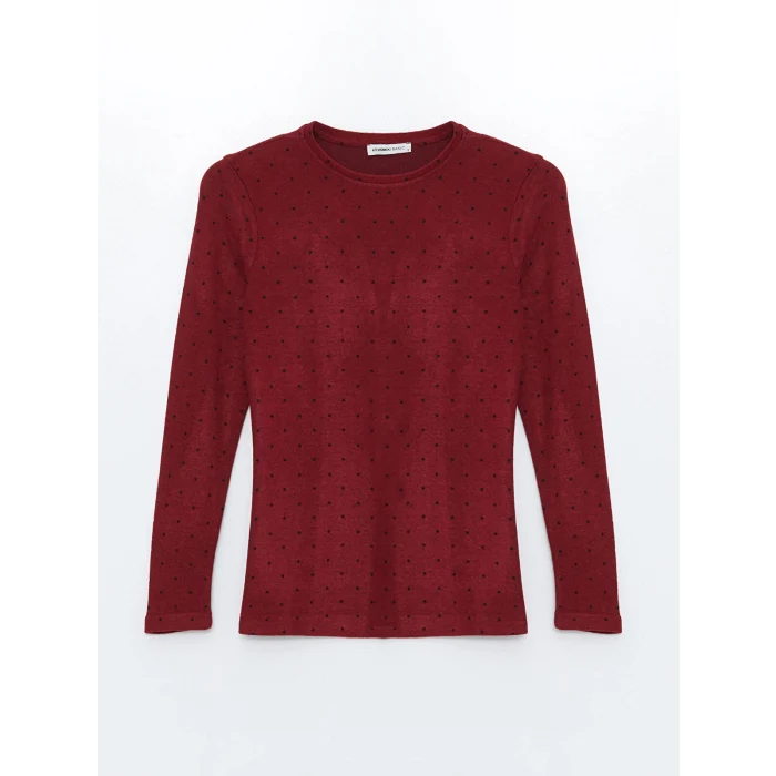 LCWAIKIKI Classic Bordo Bisiklet Yaka Puantiyeli Kadın Tişört