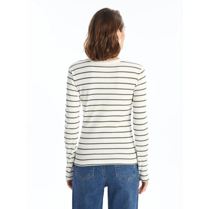 LCWAIKIKI Basic Yeşil Bisiklet Yaka Çizgili Kadın Body