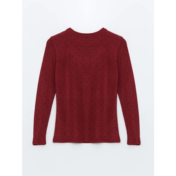 LCWAIKIKI Classic Bordo Bisiklet Yaka Puantiyeli Kadın Tişört