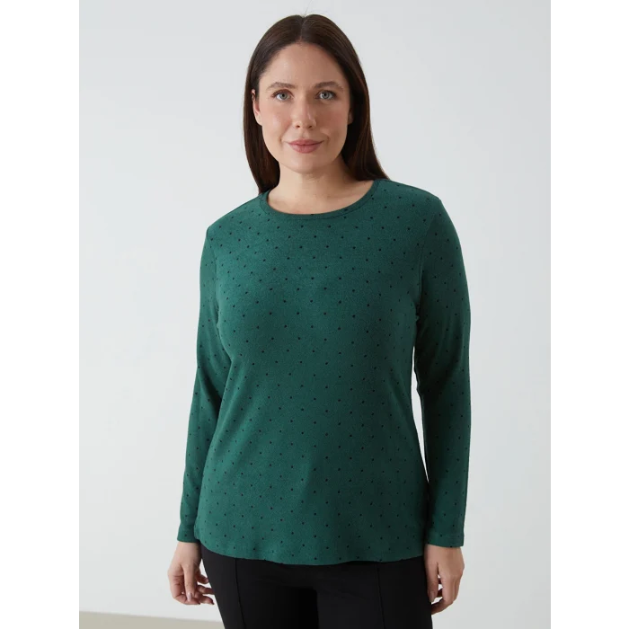 LCWAIKIKI Classic Yeşil Bisiklet Yaka Puantiyeli Kadın Tişört