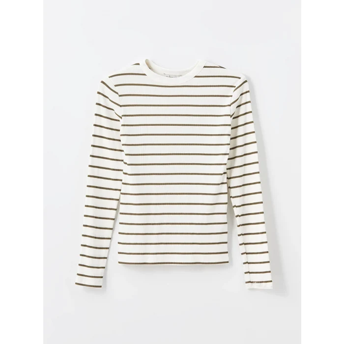 LCWAIKIKI Basic Yeşil Bisiklet Yaka Çizgili Kadın Body