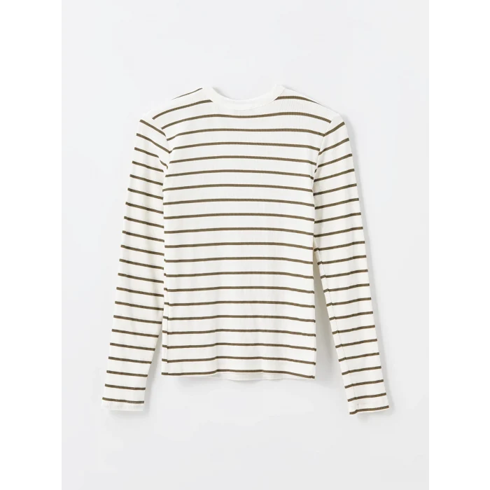 LCWAIKIKI Basic Yeşil Bisiklet Yaka Çizgili Kadın Body