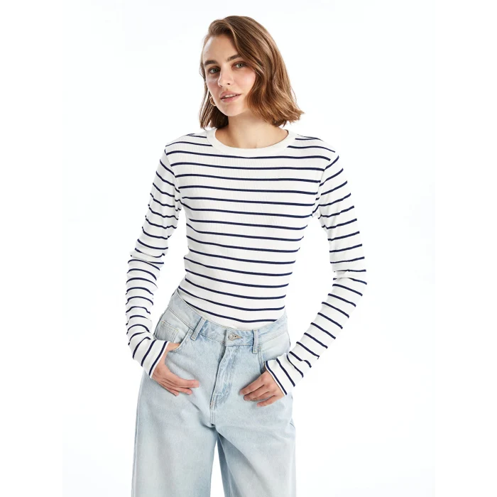 LCWAIKIKI Basic Lacivert Bisiklet Yaka Çizgili Kadın Body