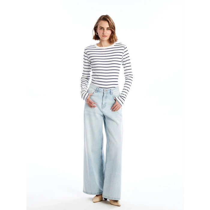 LCWAIKIKI Basic Lacivert Bisiklet Yaka Çizgili Kadın Body