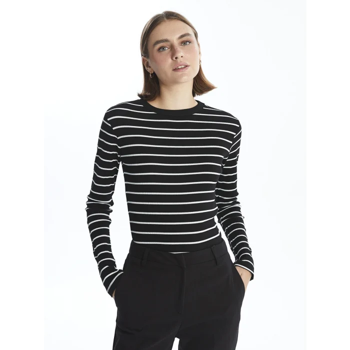 LCWAIKIKI Basic Siyah Bisiklet Yaka Çizgili Kadın Body