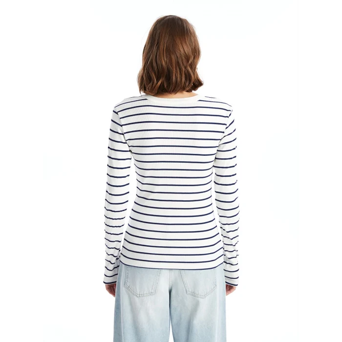 LCWAIKIKI Basic Lacivert Bisiklet Yaka Çizgili Kadın Body