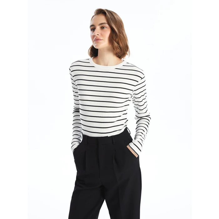 LCWAIKIKI Basic Ekru Bisiklet Yaka Çizgili Kadın Body