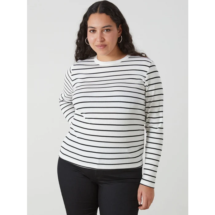 LCWAIKIKI Basic Ekru Bisiklet Yaka Çizgili Kadın Body