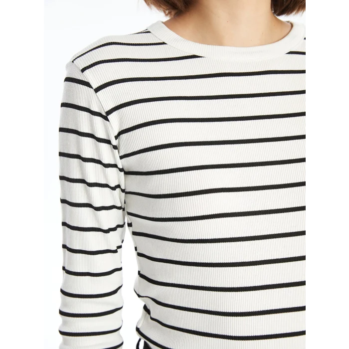 LCWAIKIKI Basic Ekru Bisiklet Yaka Çizgili Kadın Body