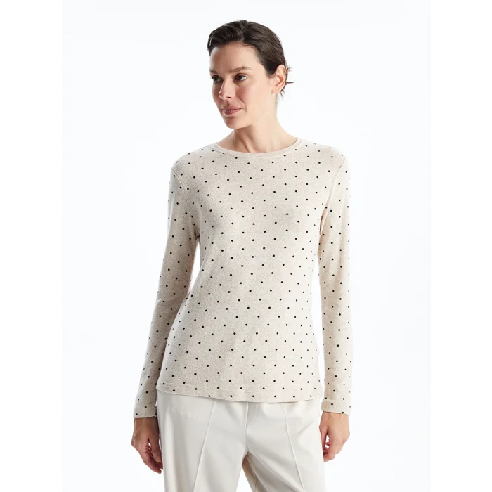 LCWAIKIKI Classic Bej Bisiklet Yaka Puantiyeli Kadın Tişört