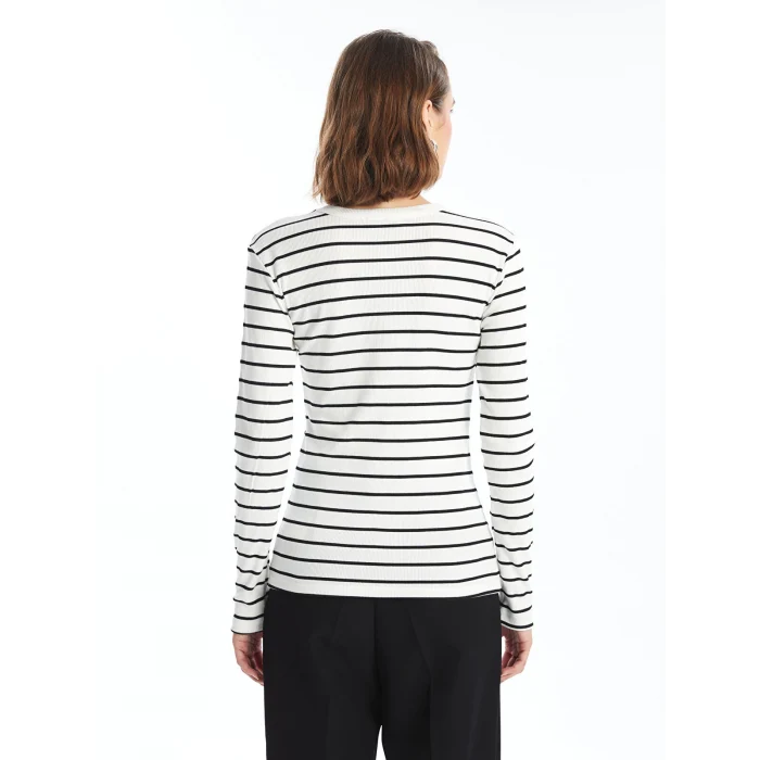 LCWAIKIKI Basic Ekru Bisiklet Yaka Çizgili Kadın Body