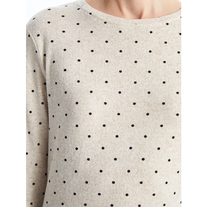 LCWAIKIKI Classic Bej Bisiklet Yaka Puantiyeli Kadın Tişört