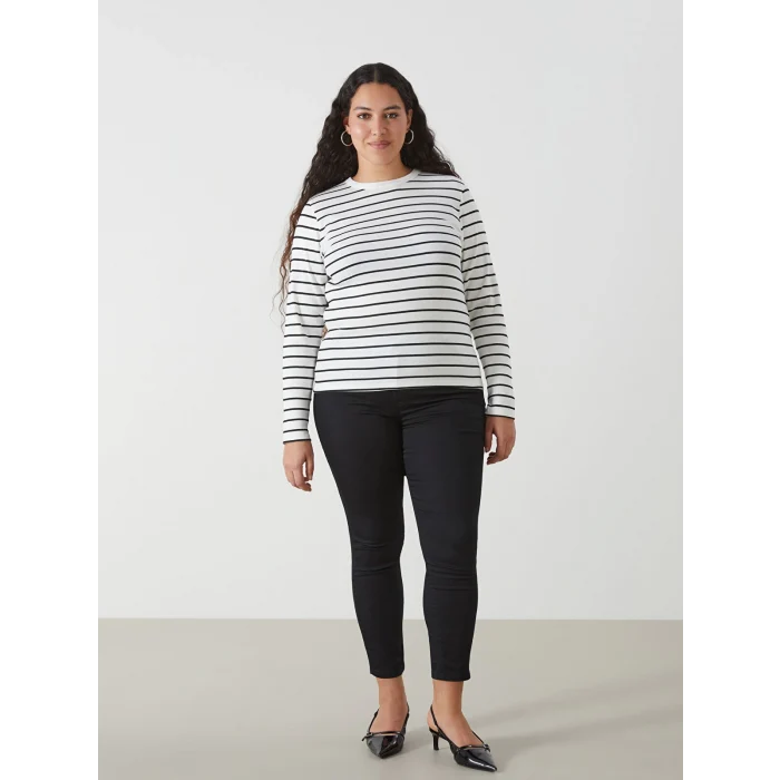 LCWAIKIKI Basic Ekru Bisiklet Yaka Çizgili Kadın Body