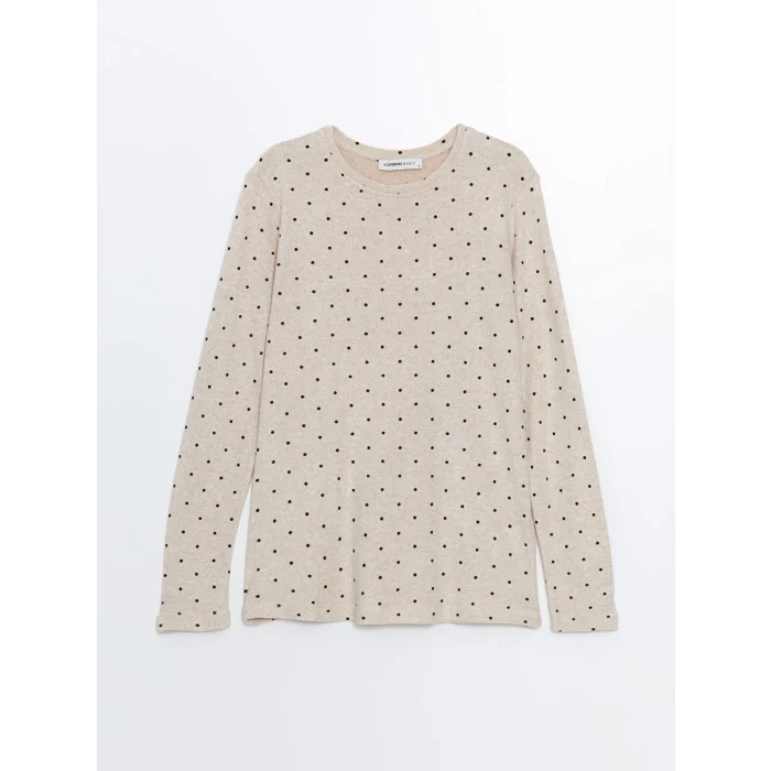 LCWAIKIKI Classic Bej Bisiklet Yaka Puantiyeli Kadın Tişört