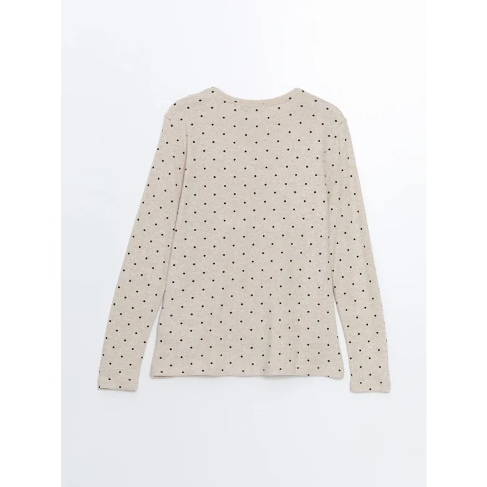 LCWAIKIKI Classic Bej Bisiklet Yaka Puantiyeli Kadın Tişört