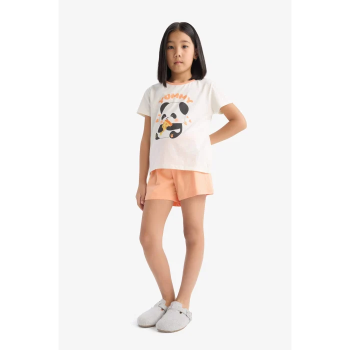 Defacto E6428 Ekru Kız Çocuk Pijama Takımı Kısa Kollu Üst Esnek Belli Şort