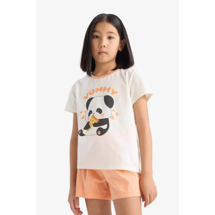 Defacto E6428 Ekru Kız Çocuk Pijama Takımı Kısa Kollu Üst Esnek Belli Şort