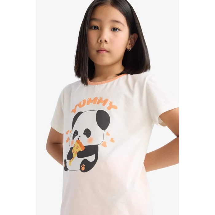 Defacto E6428 Ekru Kız Çocuk Pijama Takımı Kısa Kollu Üst Esnek Belli Şort