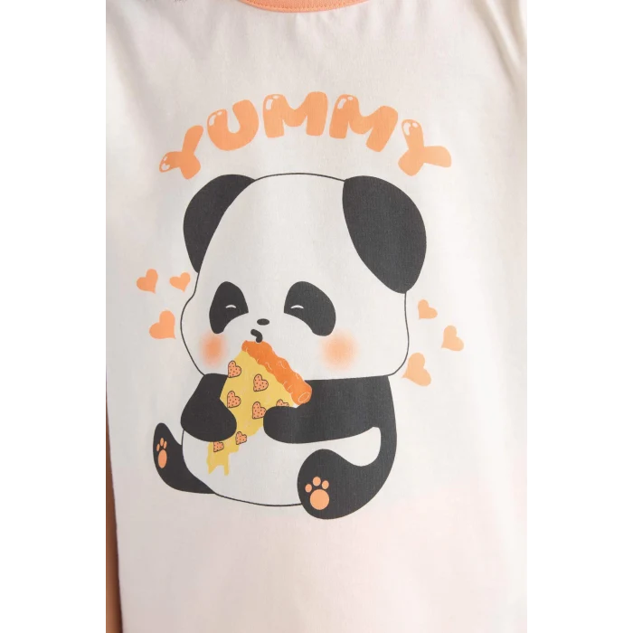 Defacto E6428 Ekru Kız Çocuk Pijama Takımı Kısa Kollu Üst Esnek Belli Şort