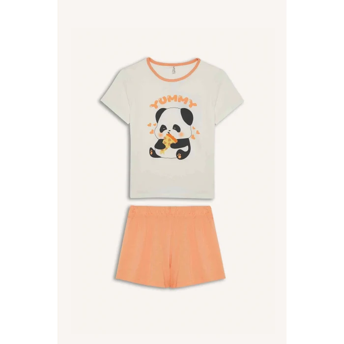 Defacto E6428 Ekru Kız Çocuk Pijama Takımı Kısa Kollu Üst Esnek Belli Şort