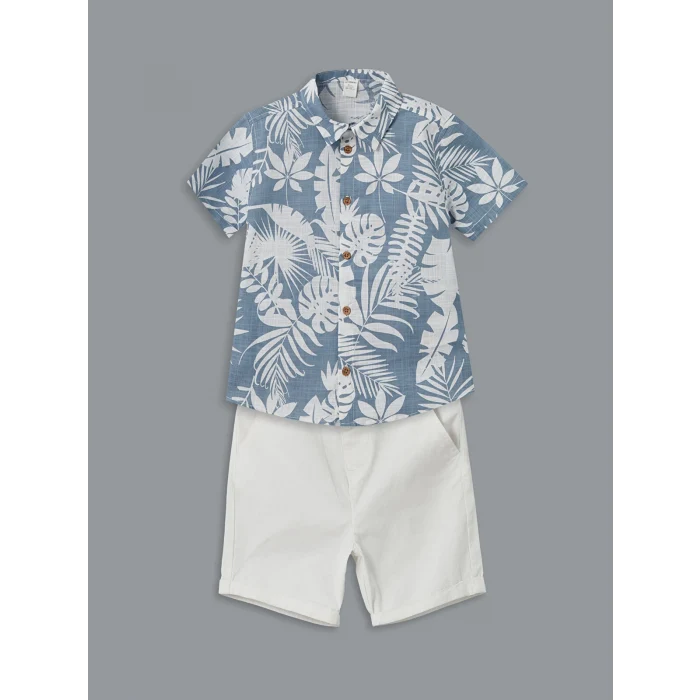 LCW Kids Indigo Baskılı Viskon Erkek Çocuk Gömlek ve Şort 2li