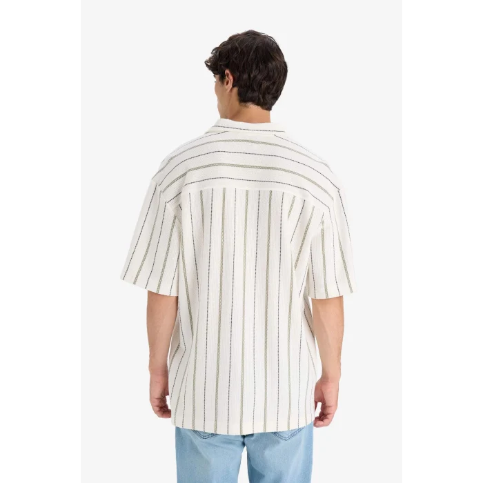 Defacto D7315 Ekru Relax Fit Apaş Yaka Kısa Kollu Çizgili Gömlek