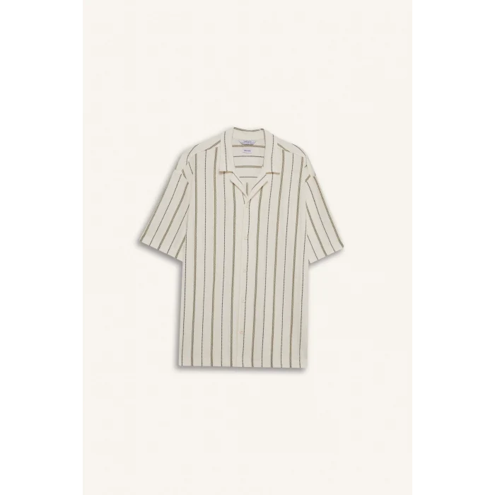 Defacto D7315 Ekru Relax Fit Apaş Yaka Kısa Kollu Çizgili Gömlek