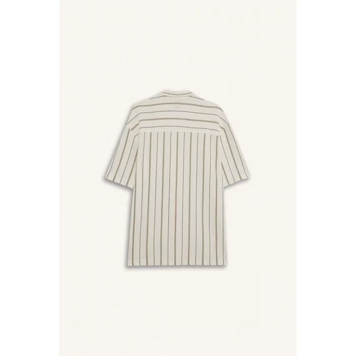 Defacto D7315 Ekru Relax Fit Apaş Yaka Kısa Kollu Çizgili Gömlek