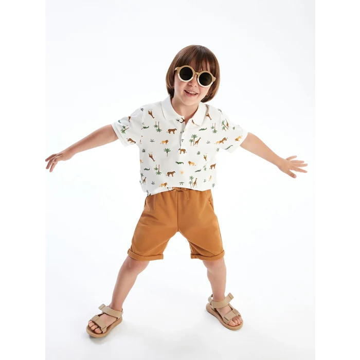 LCW Kids Ekru Baskılı Erkek Çocuk Tişört ve Şort 2li