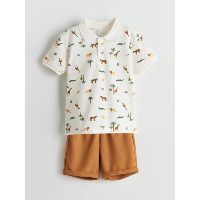 LCW Kids Ekru Baskılı Erkek Çocuk Tişört ve Şort 2li