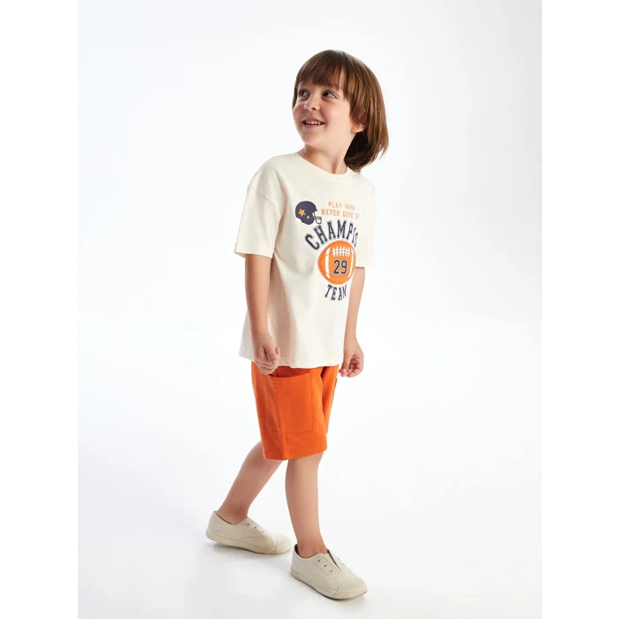 LCW Kids Bej Bisiklet Yaka Baskılı Erkek Çocuk Tişört ve Şort 2li