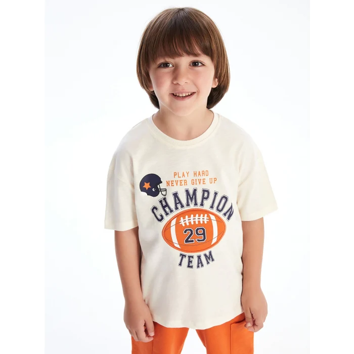 LCW Kids Bej Bisiklet Yaka Baskılı Erkek Çocuk Tişört ve Şort 2li