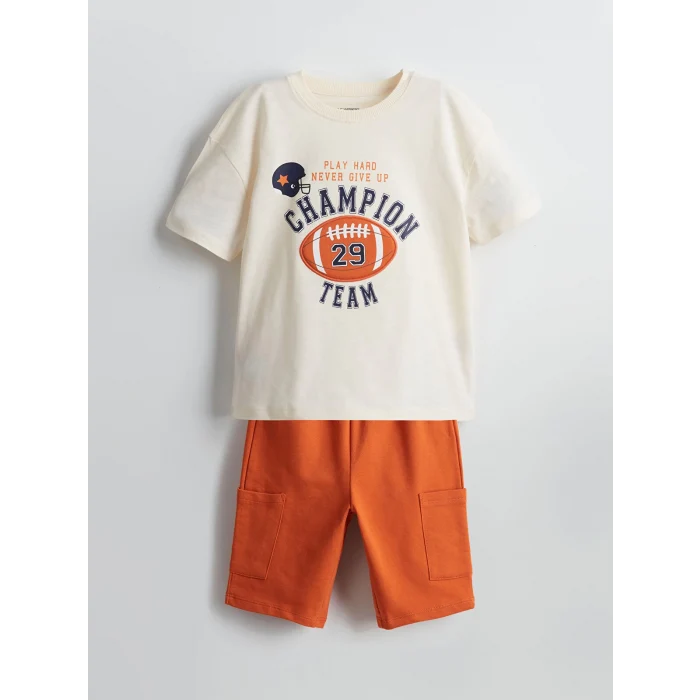 LCW Kids Bej Bisiklet Yaka Baskılı Erkek Çocuk Tişört ve Şort 2li