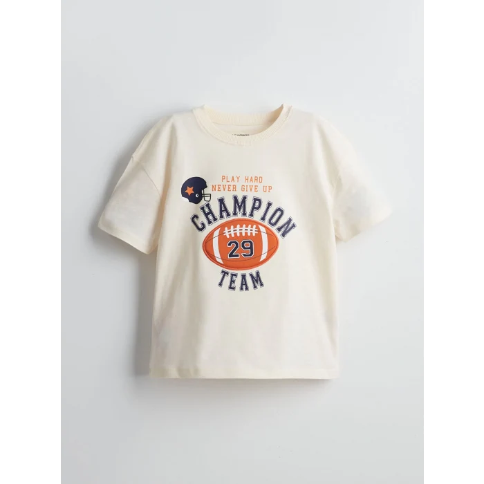 LCW Kids Bej Bisiklet Yaka Baskılı Erkek Çocuk Tişört ve Şort 2li