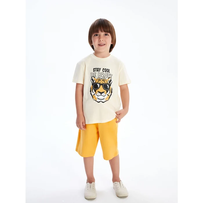 LCW Kids Bej Bisiklet Yaka Baskılı Erkek Çocuk Tişört ve Şort 2li