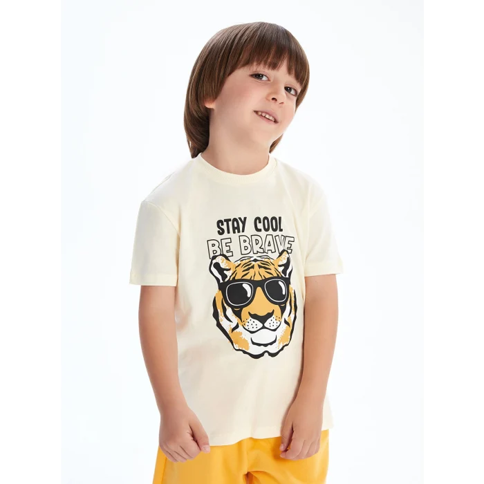 LCW Kids Bej Bisiklet Yaka Baskılı Erkek Çocuk Tişört ve Şort 2li