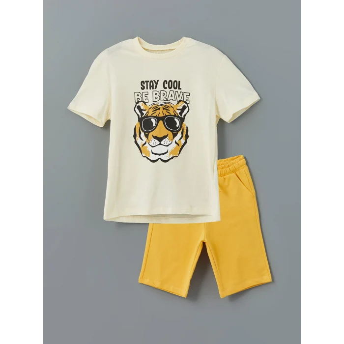 LCW Kids Bej Bisiklet Yaka Baskılı Erkek Çocuk Tişört ve Şort 2li
