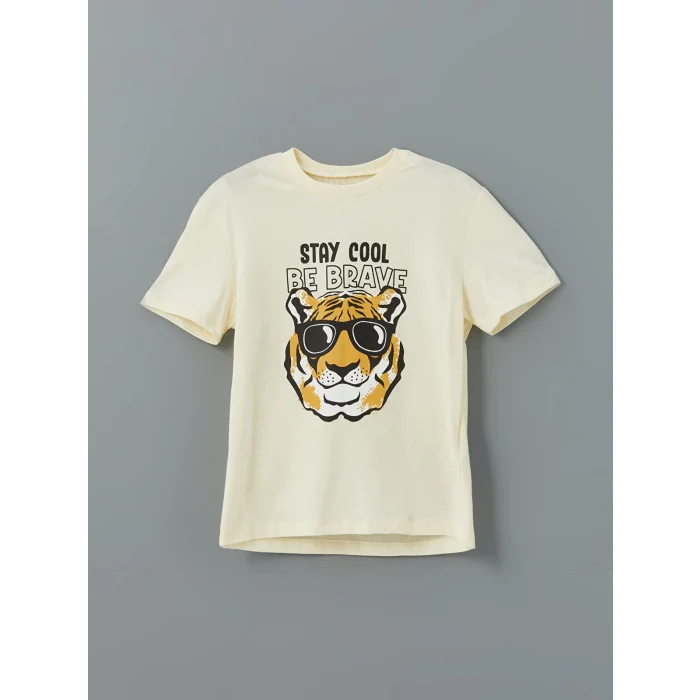 LCW Kids Bej Bisiklet Yaka Baskılı Erkek Çocuk Tişört ve Şort 2li