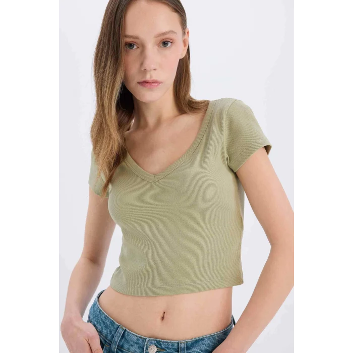 Defacto E0290 Haki Coool Fitted Fitilli Kaşkorse Basic Düz Kısa Kollu Tişört
