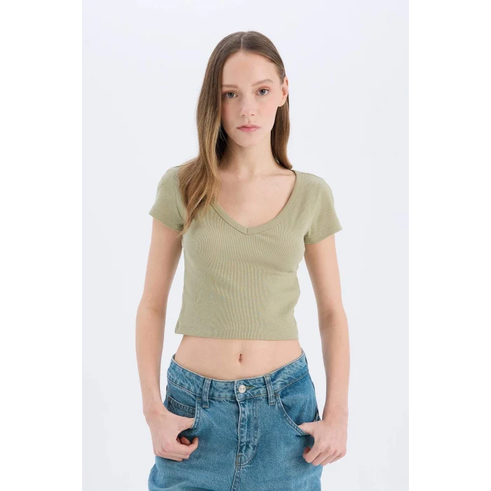 Defacto E0290 Haki Coool Fitted Fitilli Kaşkorse Basic Düz Kısa Kollu Tişört