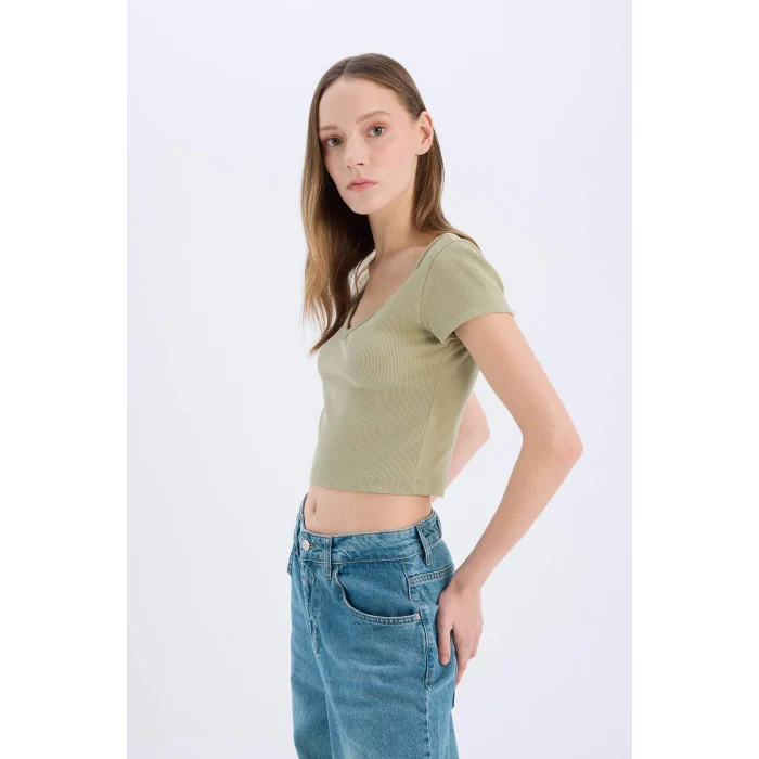 Defacto E0290 Haki Coool Fitted Fitilli Kaşkorse Basic Düz Kısa Kollu Tişört